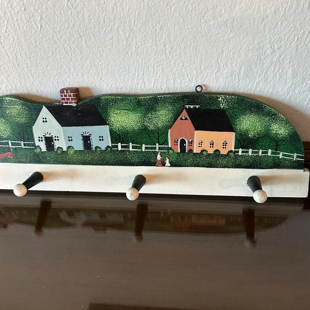 Vintage Folk Art Hand Painted Wood Wall Rack 5 Peg Village Scene Key Coat Hanger